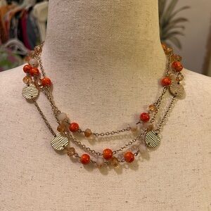 Gold and Orange Beaded Multilayer Chain Necklace